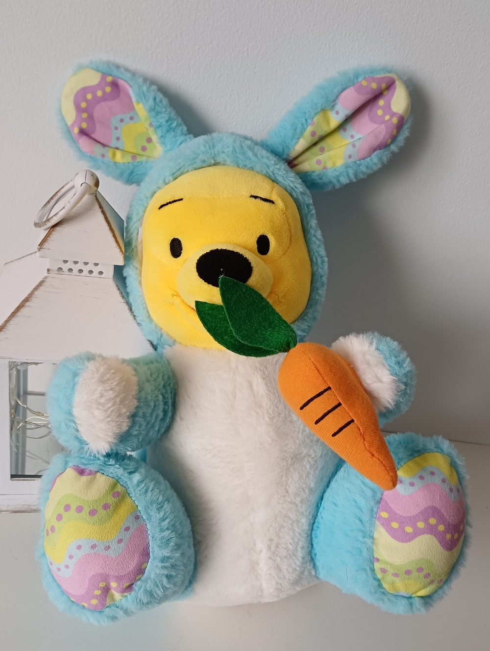 DISNEY Winnie The Pooh Easter Bunny Plush Holding a Carrot 12" Blue Costume